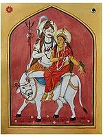Lord Shiva and Parvati Sit on Nandi | Watercolor on Paper | By Yubraj
