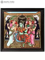 Goddess Lakshmi and Devi Saraswati Doing Wedding Shringar of Mother Parvati | Traditional Colors with 24 Karat Gold | Framed Tanjore Painting