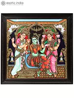 Lakshmi and Saraswati Doing Wedding Shringar of Devi Parvati | Framed Tanjore Painting