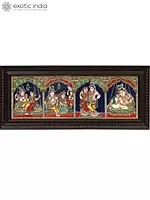 34" Lord Krishna in Four Frames | Traditional Colors with 24 Karat Gold | Framed Tanjore Painting