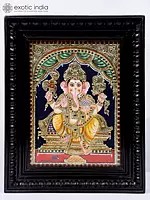 Chaturbhuja Lord Ganesha Framed Tanjore Painting | 24 Karat Gold Work