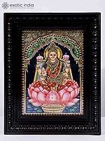 Devi Lakshmi Seated on Lotus Framed Tanjore Painting | 24 Karat Gold Work