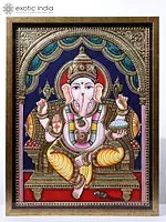 Chaturbhuja Lord Ganesha Seated on Throne | Framed Tanjore Painting | 24 Karat Gold Work