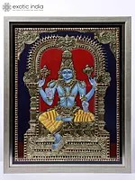 Shri Hari Vishnu Seated on Kirtimukha Throne | Framed Tanjore Painting | 24 Karat Gold Work