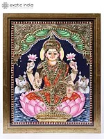 Goddess Gajalakshmi Seated on Lotus | Framed Tanjore Painting | 24 Karat Gold Work