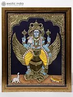 Lord Vishnu Seated on Garuda | Framed Tanjore Painting | 24 Karat Gold Work