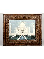 Huge Taj Mahal Painting Framed in Vintage Teak Frame