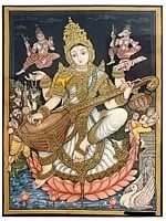 Devi Saraswati | Gold Foil Work | Mysore Painting