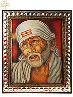 38" Sai Baba Oil Painting with Vintage Mirror Frame