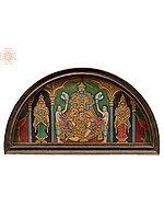 Lord Vishnu Seated on Garuda | Semicircle Shape Tanjore Painting | With Vintage Teakwood Frame