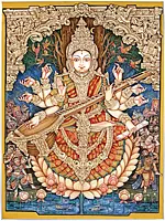 Goddess Saraswati Mysore | Gold Foil Work | Traditional Color | Unframed Painting