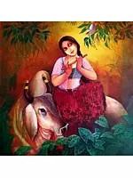 Gopi With Holy Cow-Friendship 4 | Acrylic On Canvas | By Monalisa Sarkar