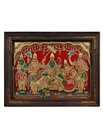 Shri Ram Darbar Tanjore Painting with Vintage Teakwood Frame | 22 Karat Gold Embossed Work