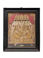 Beautiful Large Panchamukhi Ganesha Tanjore Painting | Traditional Colors With 24K Gold | Teakwood Frame | Gold & Wood | Handmade | Made In India