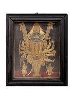 Lord Narasimha Killing Hiranyakasyapu Tanjore Painting | Traditional Colors With 24K Gold | Teakwood Frame | Gold & Wood | Handmade | Made In India