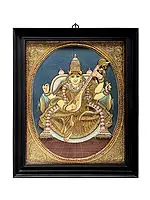 Goddess Saraswati Tanjore Painting | Traditional Colors With 24K Gold | Teakwood Frame | Gold & Wood | Handmade | Made In India