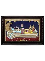 Shesha Shayi Vishnu Tanjore Painting | Traditional Colors With 24K Gold | Teakwood Frame | Gold & Wood | Handmade | Made In India