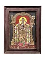 Lord Venkateshvara at Tirupati with Goddess Padmavati Tanjore Painting | Traditional Colors With 24K Gold | Teakwood Frame | Gold & Wood | Handmade | Made In India