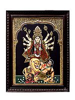 Mahishasura-Mardini Ten-armed Durga Tanjore Painting | Traditional Colors With 24K Gold | Teakwood Frame | Gold & Wood | Handmade | Made In India