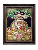 Kubera and Lakshmi Tanjore Painting | Traditional Colors With 24K Gold | Teakwood Frame | Gold & Wood | Handmade | Made In India