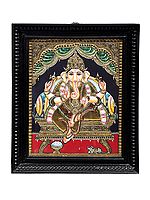 Lord Ganesha Tanjore Painting | Traditional Colors With 24K Gold | Teakwood Frame | Gold & Wood | Handmade | Made In India