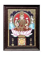 Goddess Lakshmi Seated on Lotus Tanjore Painting | Traditional Colors With 24K Gold | Teakwood Frame | Gold & Wood | Handmade | Made In India