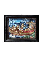 Shri Krishna and Radha With Gopis on the Ferry Boat of Love Tanjore Painting | Traditional Colors With 24K Gold | Teakwood Frame | Gold & Wood | Handmade | Made In India