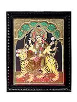 Ashtabhuja Goddess Durga Tanjore Painting | Traditional Colors With 24K Gold | Teakwood Frame | Gold & Wood | Handmade | Made In India
