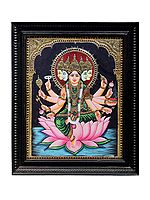Panchamukhi Goddess Gayatri Seated on Lotus Tanjore Painting | Traditional Colors With 24K Gold | Teakwood Frame | Gold & Wood | Handmade | Made In India