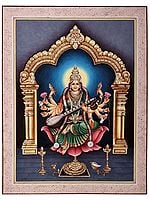 17" x 12" Twelve Armed Goddess Saraswati Along with Kirtimukha Playing with Veena | Handmade