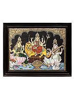 Goddess Durga, Lakshmi and Saraswati Tanjore Painting | Traditional Colors With 24K Gold | Teakwood Frame | Gold & Wood | Handmade