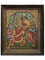 Goddess Durga Tanjore Painting | Traditional Colors With 24K Gold | Teakwood Frame | Gold & Wood | Handmade