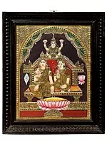 Lakshmi, Kubera, and Bhadra Tanjore Painting | Traditional Colors with 24K Gold | Teakwood Frame