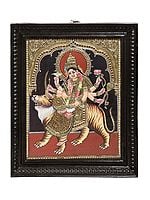 Large Goddess Durga Tanjore Painting | Traditional Colors With 24K Gold | Teakwood Frame | Handmade
