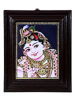 Lord Krishna Baby Face Tanjore Painting | Traditional Colors With Gold | Teakwood Frame | Gold & Wood