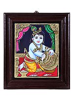 Butter Krishna Tanjore Painting | Traditional Colors With 24K Gold | Teakwood Frame | Gold & Wood | Handmade