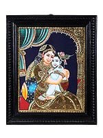 Maiya Yashoda with Baby Krishna Tanjore Painting | Traditional Colors With 24K Gold | Teakwood Frame | Gold & Wood