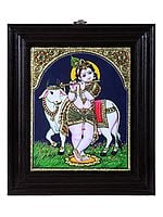 Bal Gopal (Krishna) with Cow Tanjore Painting | Traditional Colors With 24K Gold | Teakwood Frame | Gold & Wood