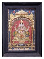 Large Ganesha Seated on Throne Tanjore Painting | Traditional Colors With 24K Gold
