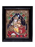 Large Radha Krishna Tanjore Painting with Teakwood Frame | Traditional Colors With 24K Gold