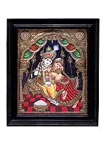 Large Radha Krishna Tanjore Painting with Teakwood Frame | Traditional Colors With 24K Gold