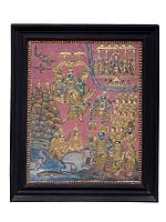 Large Gajendra Moksha Tanjore Painting | Traditional Colors With 24K Gold | Teakwood Frame | Gold & Wood
