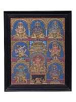 Large Lord Ashta Ganesha Tanjore Painting | Traditional Colors With 24K Gold | Teakwood Frame | Gold & Wood