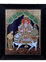 Shiva Parvathi on Nandi Tanjore Painting | Traditional Colors With 24K Gold | Teakwood Frame