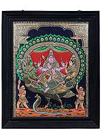 Kartikeyan Seated with his Wife on Peacock | Traditional Colors with 24K Gold | Tanjore Painting with Teakwood Frame