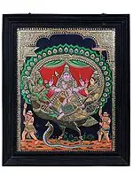 Kartikeyan Seated with his Wife on Peacock | Traditional Colors with 24K Gold | Tanjore Painting with Teakwood Frame
