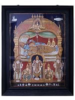 Lord Vishnu Resting on Sheshnag | Traditional Colors With 24K Gold | Teakwood Frame