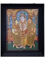 Krishna with Rukmani & Satyabhama Tanjore Painting | Traditional Colors with 24K Gold | Teakwood Frame