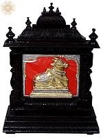 Nandi (Vahana of Lord Shiva) | Traditional Colors With 24K Gold | Teakwood Frame | Gold & Wood | Handmade