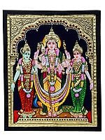 Lord Kartikeya with Devasena & Valli Tanjore Painting | Traditional Colors with 24 Karat Gold | With Frame